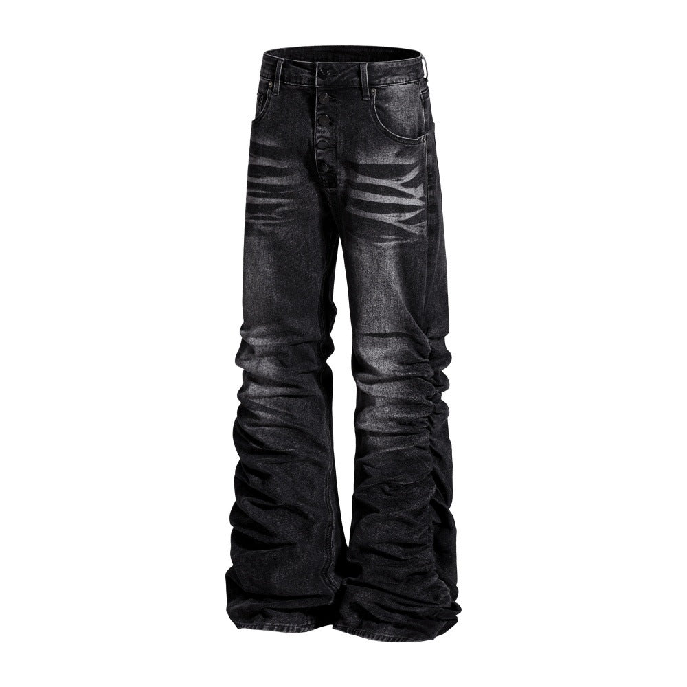 Mens Niche Designer-style Heavy-pleated Textured Denim Jeans