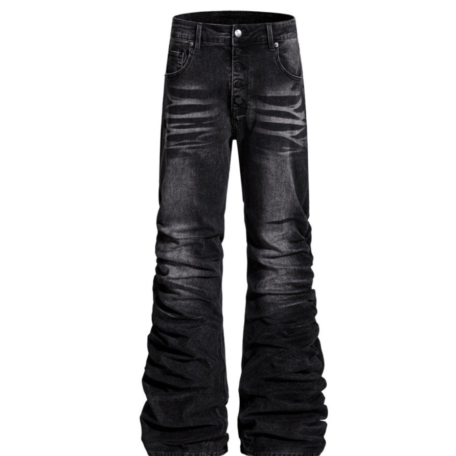 Mens Niche Designer-style Heavy-pleated Textured Denim Jeans