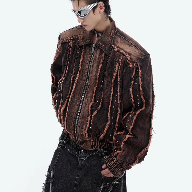 Niche Retro Distressed Deconstruction Padded Shoulder Denim Coat