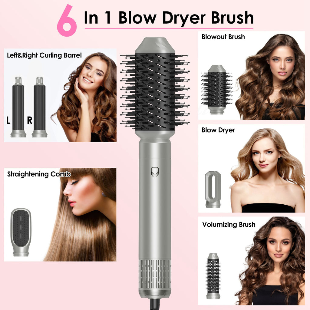 1Pc 6 In 1 Hot Air Styler Volumizer Straightener Curler Dryer Automatic Wrap Styler Hair Dryer Brush Set With 3 Temp Settings ALCI Plug Glove Cable Zip Tie
