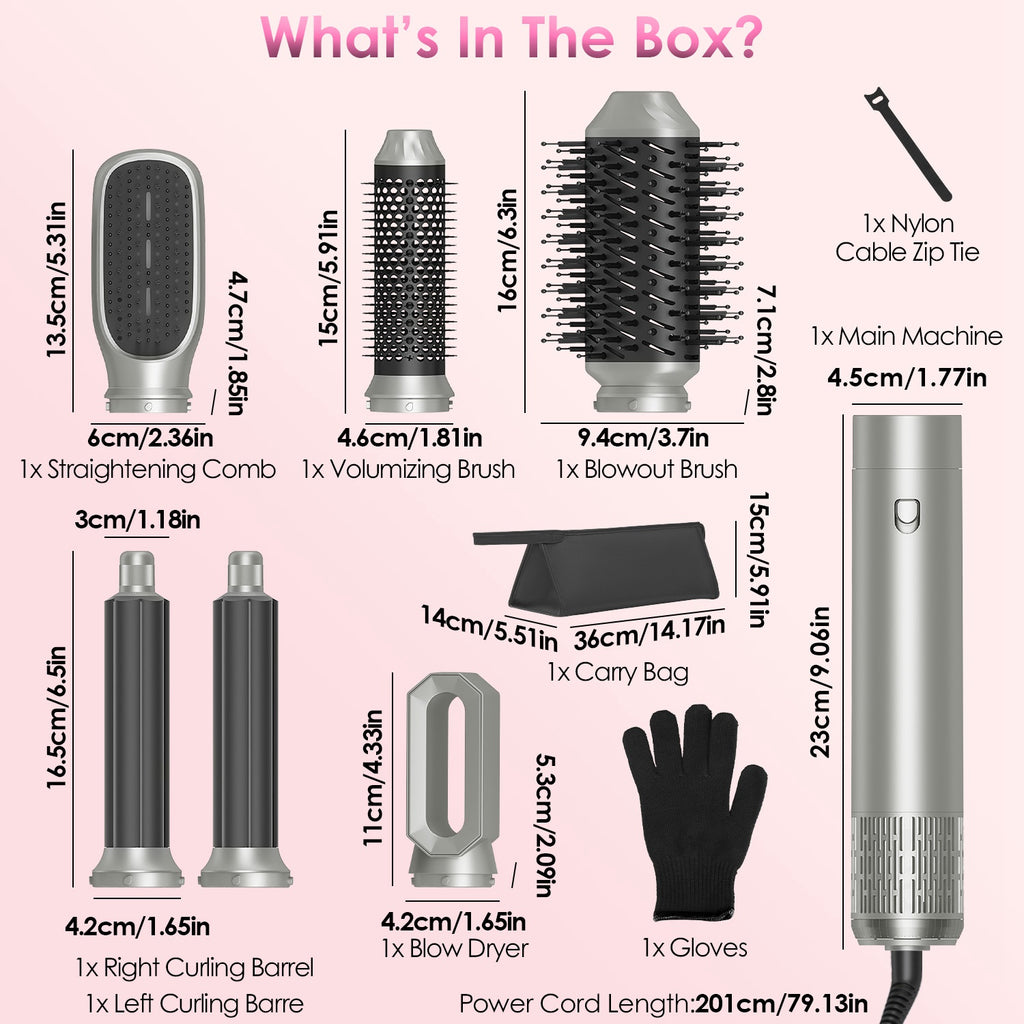 1Pc 6 In 1 Hot Air Styler Volumizer Straightener Curler Dryer Automatic Wrap Styler Hair Dryer Brush Set With 3 Temp Settings ALCI Plug Glove Cable Zip Tie