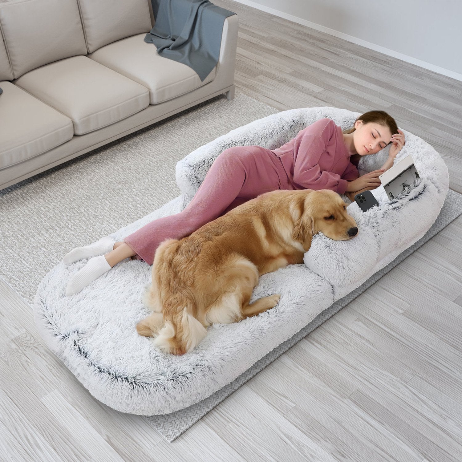 Large Foldable Human Size Dog Bed With Pillow, Washable, Zipped Removable Cover For Pets