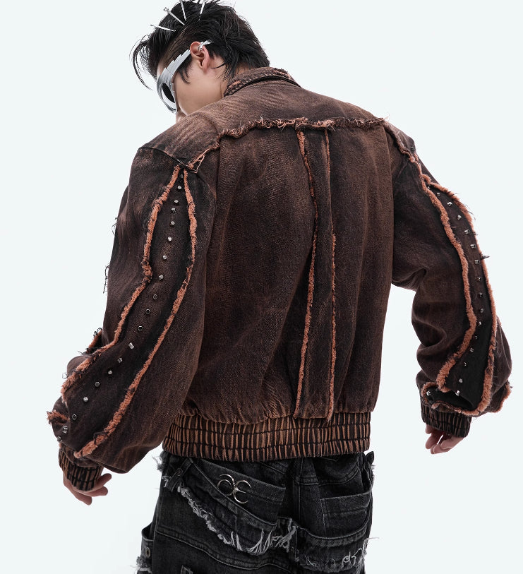 Niche Retro Distressed Deconstruction Padded Shoulder Denim Coat