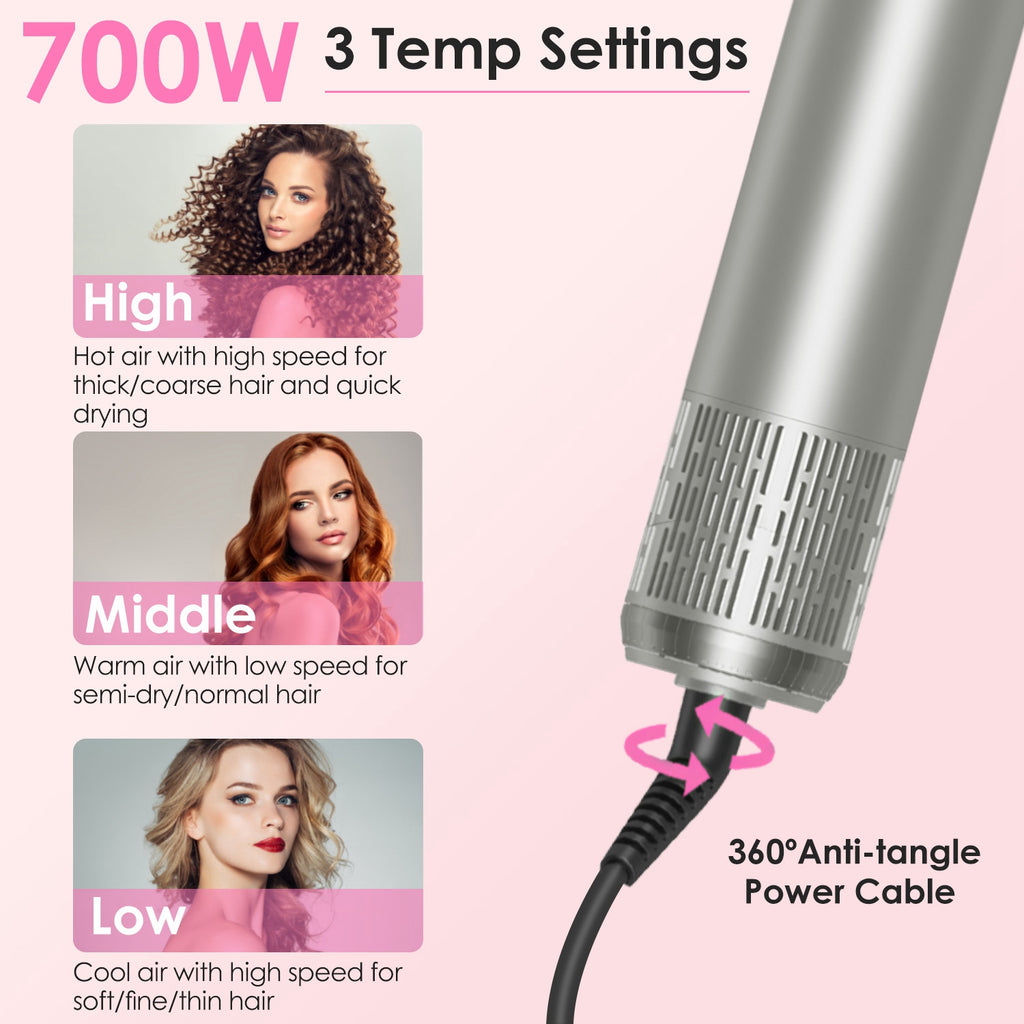 1Pc 6 In 1 Hot Air Styler Volumizer Straightener Curler Dryer Automatic Wrap Styler Hair Dryer Brush Set With 3 Temp Settings ALCI Plug Glove Cable Zip Tie