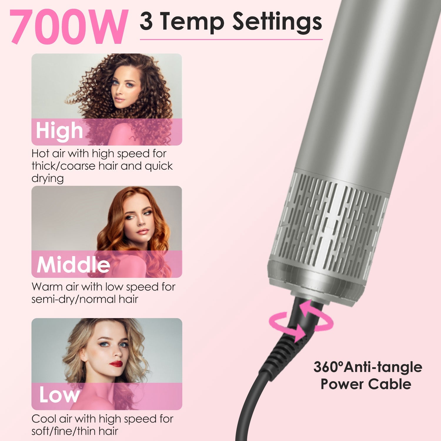 1Pc 6 In 1 Hot Air Styler Volumizer Straightener Curler Dryer Automatic Wrap Styler Hair Dryer Brush Set With 3 Temp Settings ALCI Plug Glove Cable Zip Tie
